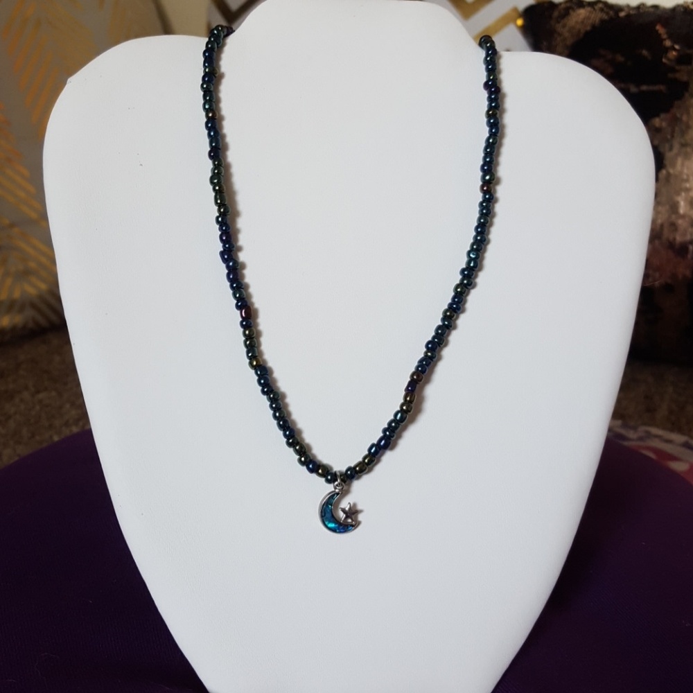 Rainbow beaded necklace w/Crescent Moon/star Penda